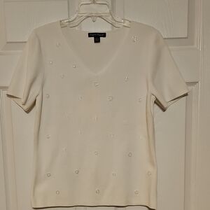 Vintage Designers Originals Cream Short-Sleeve V-Neck Embellished Sweater Top